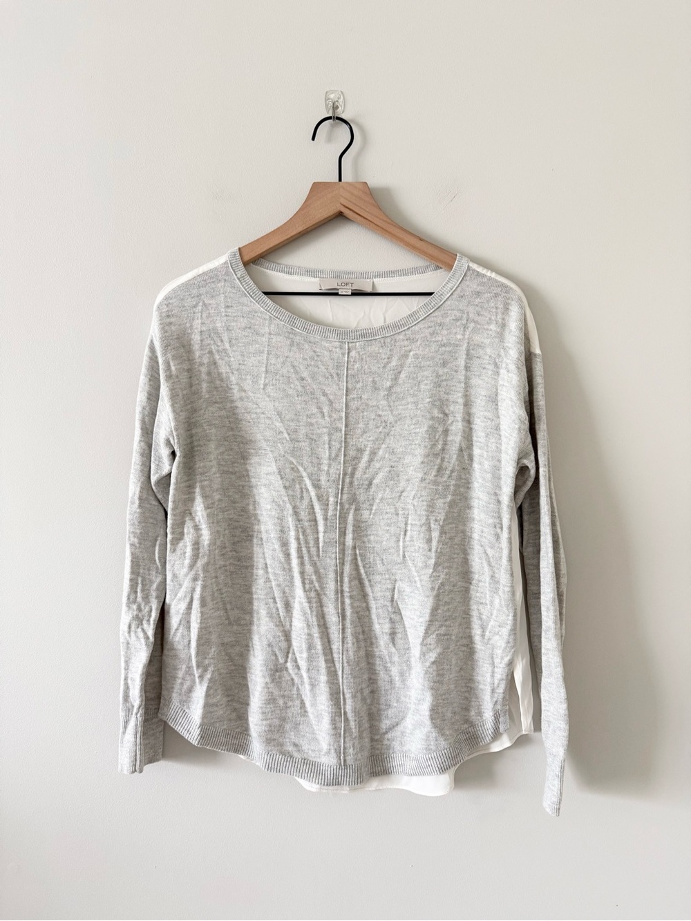 LOFT Mixed Media Crewneck Layered-Look Top in Gray/Cream Size XS
